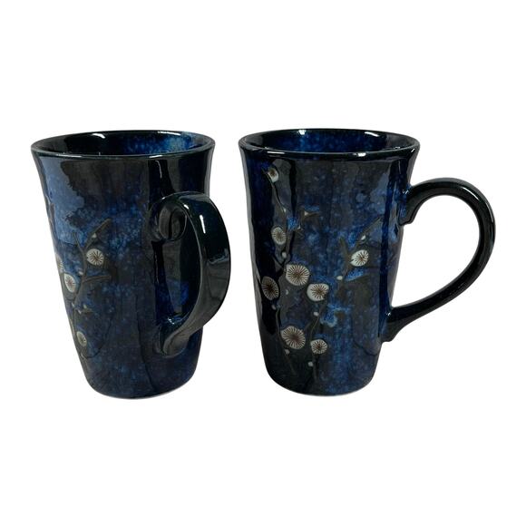 World Market Pair Cherry Blossom Blue Porcelain 10 oz Mug Cup Floral Japan - Picture 7 of 13